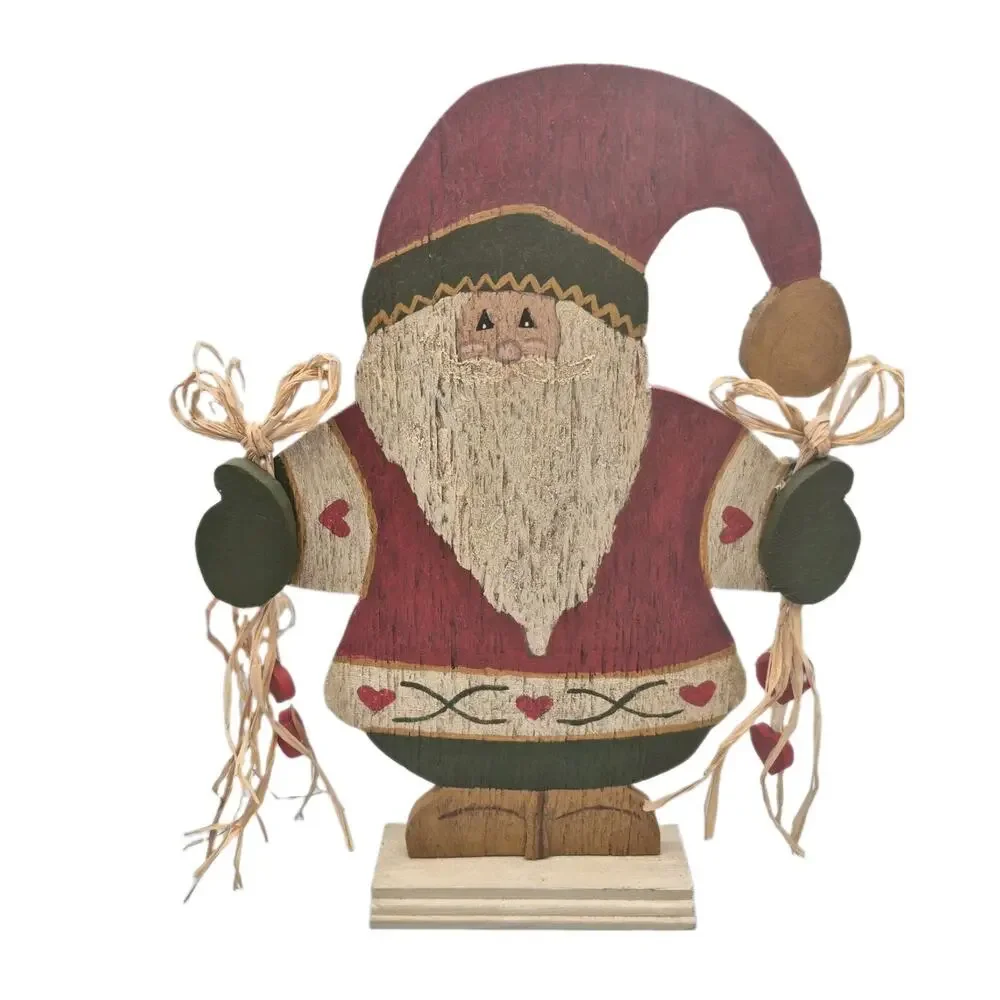 Vintage Tole Painted Wood Santa with Red Hearts Free-standing 15x11x2